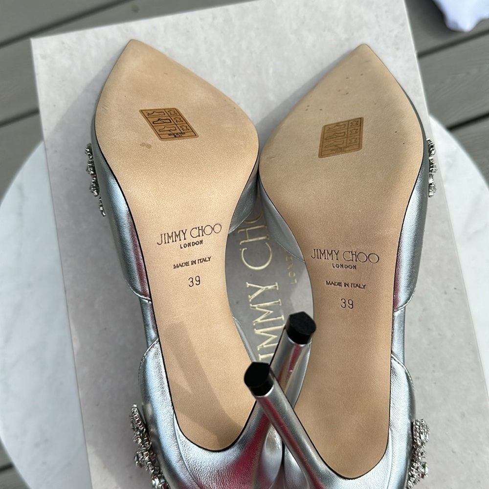 Jimmy Choo Silver Leather Teja Embellished Heels - Picture 10 of 12